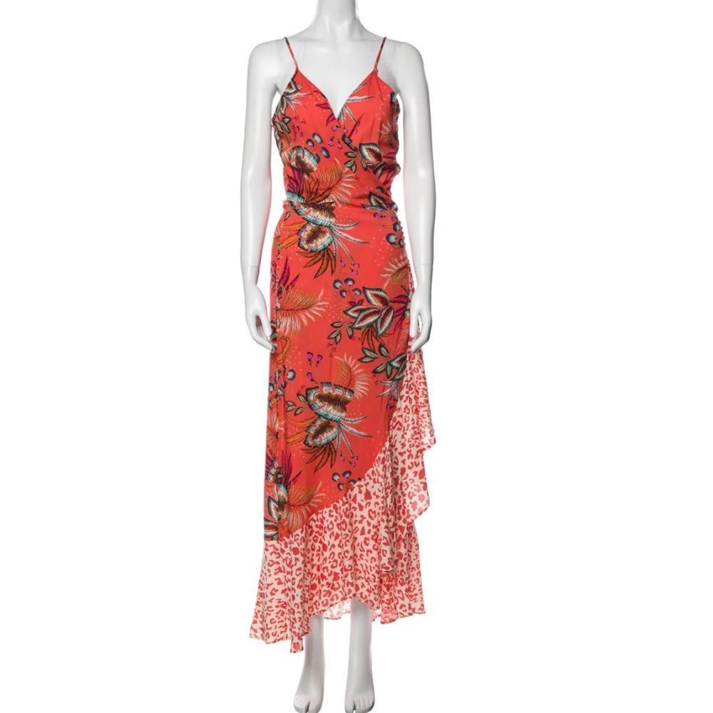 Farm Rio Coral Mixed Print Floral Ruffle Hem Wrap Maxi Dress.